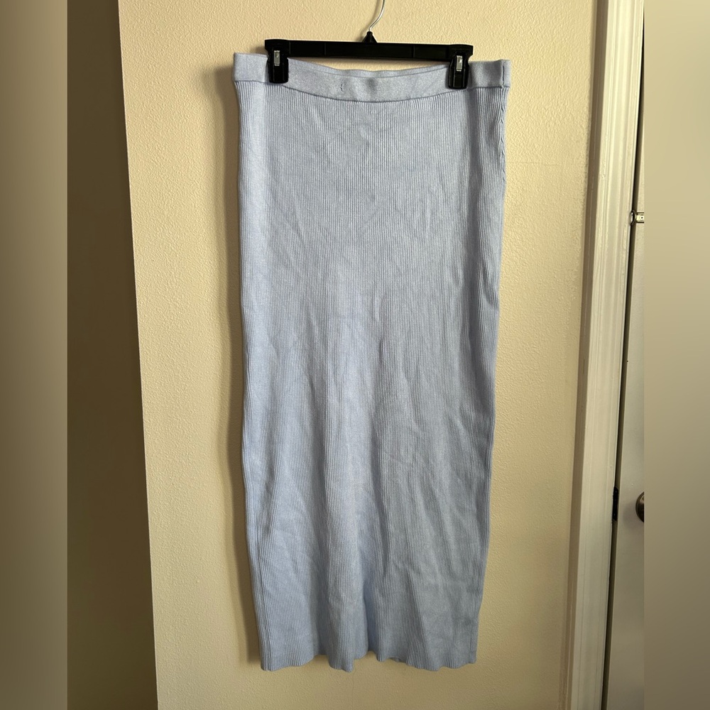 Olive + Oak Light Blue Ribbed Knitted Midi Skirt Back Slit Size XL